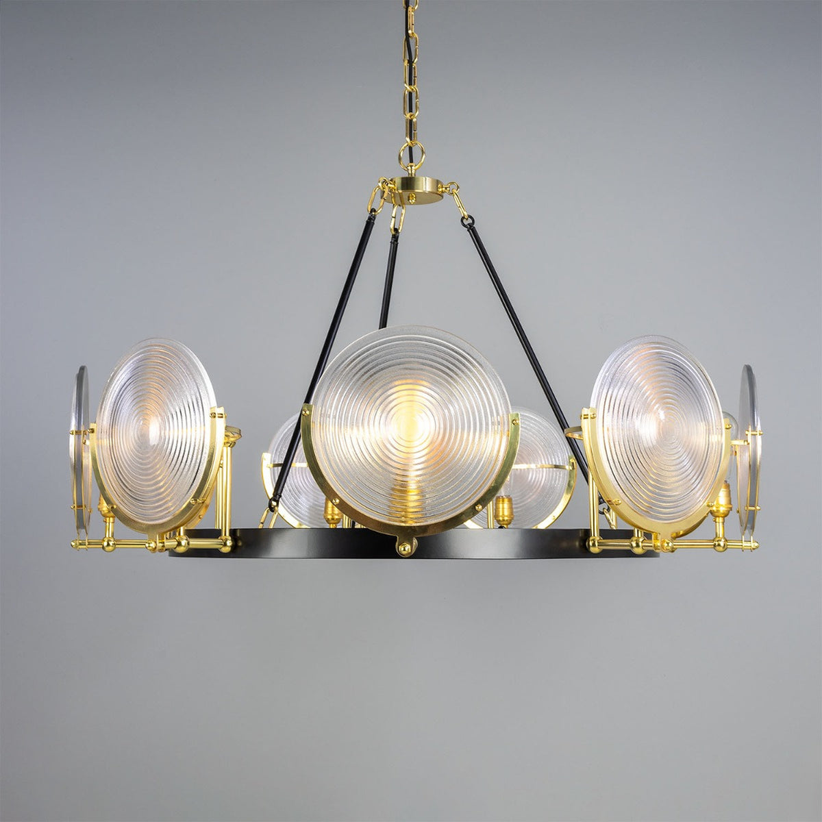 Portland Dish 9 Light Ribbed Glass Chandelier - Polished Brass