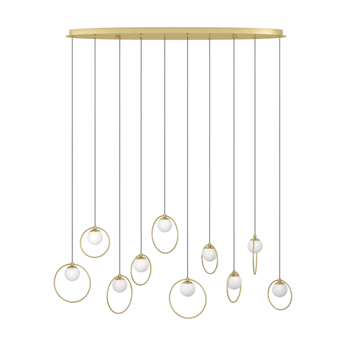 Portocolom 10-light linear pendant with a long oval brass and gold canopy, black cords, and opal glass globes each framed in slim gold rings, on a white background.