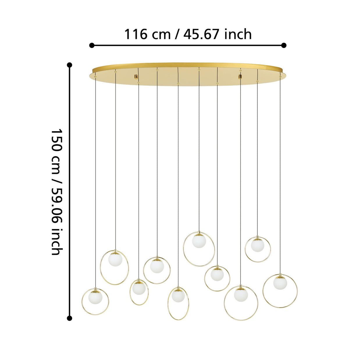 Portocolom 10-light linear pendant with oval brass and gold canopy, white opal glass globes in slim gold rings on black cords, shown with 116cm and 150cm dimensions on a white background.