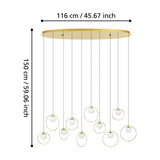 Portocolom 10-light linear pendant with oval brass and gold canopy, white opal glass globes in slim gold rings on black cords, shown with 116cm and 150cm dimensions on a white background.