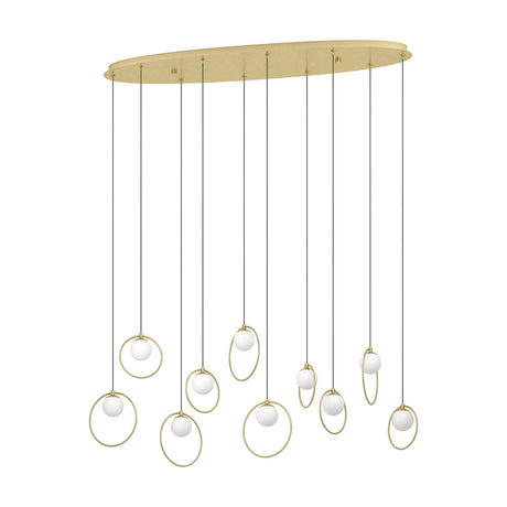 Portocolom 10-light linear pendant with an oval brass and gold canopy, black cords holding white opal glass globes in slim gold rings, on a plain white background.
