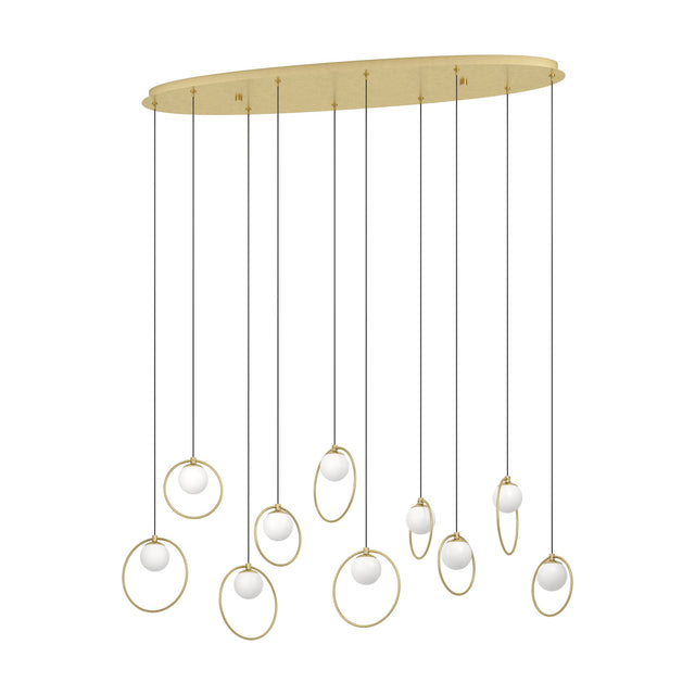 Portocolom 10-light linear pendant with an oval brass and gold canopy, black cords holding white opal glass globes in slim gold rings, on a plain white background.