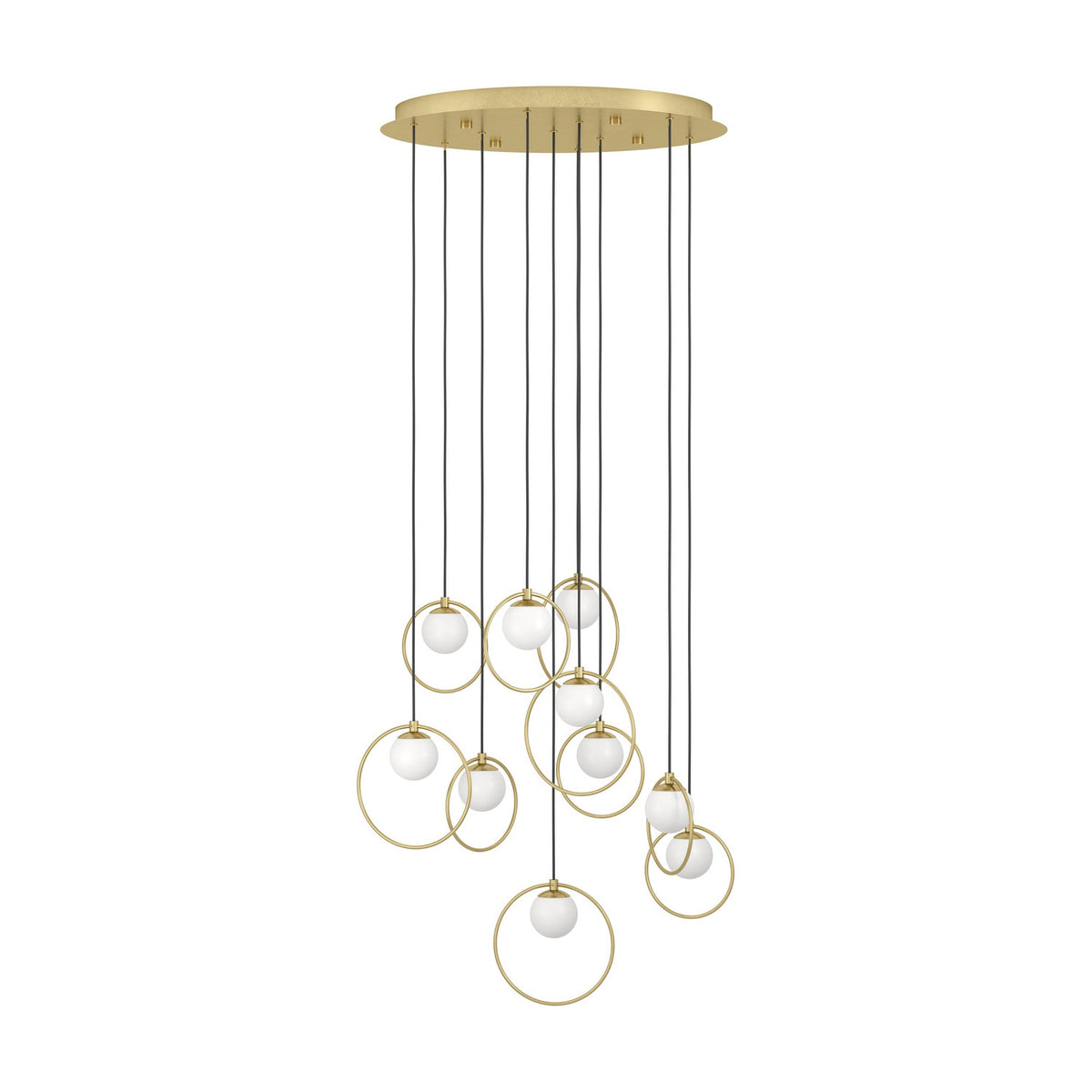 Portocolom 10 light cluster pendant with round brass ceiling plate, black cords and gold rings holding opal glass globes at staggered heights, on a white background.
