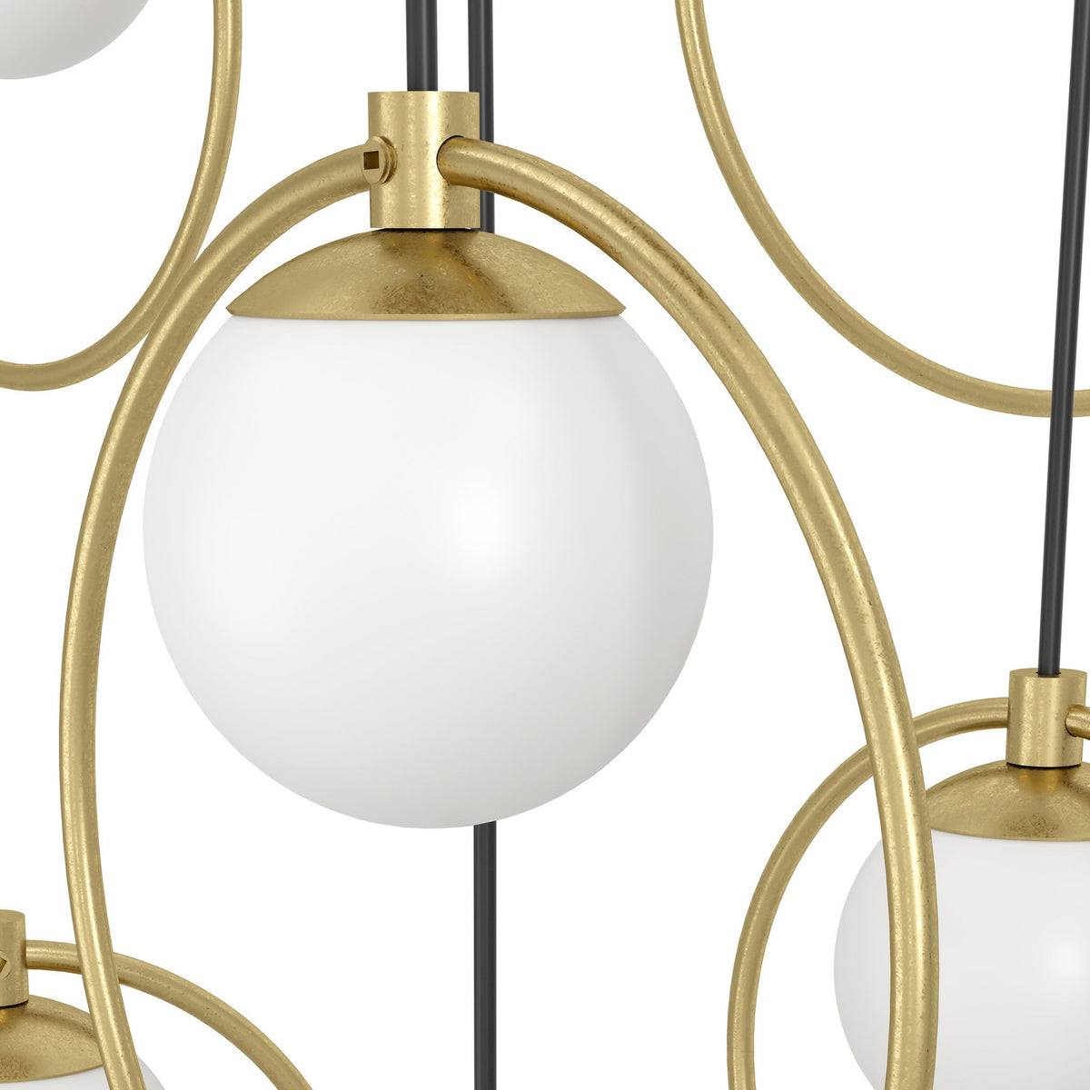 Close-up of the Portocolom 10-light pendant showing a matt opal glass globe in a gold ring bracket, with brass fittings and black cords against a white background.