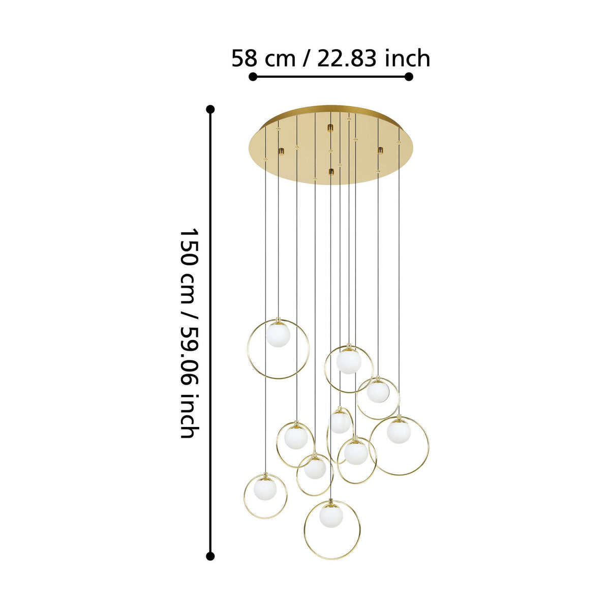 Portocolom 10-light cluster pendant with round brass and gold ceiling plate, black cords, and staggered gold rings holding opal glass globes, shown with size dimensions 58cm diameter by 150cm height.