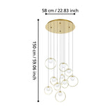 Portocolom 10-light cluster pendant with round brass and gold ceiling plate, black cords, and staggered gold rings holding opal glass globes, shown with size dimensions 58cm diameter by 150cm height.