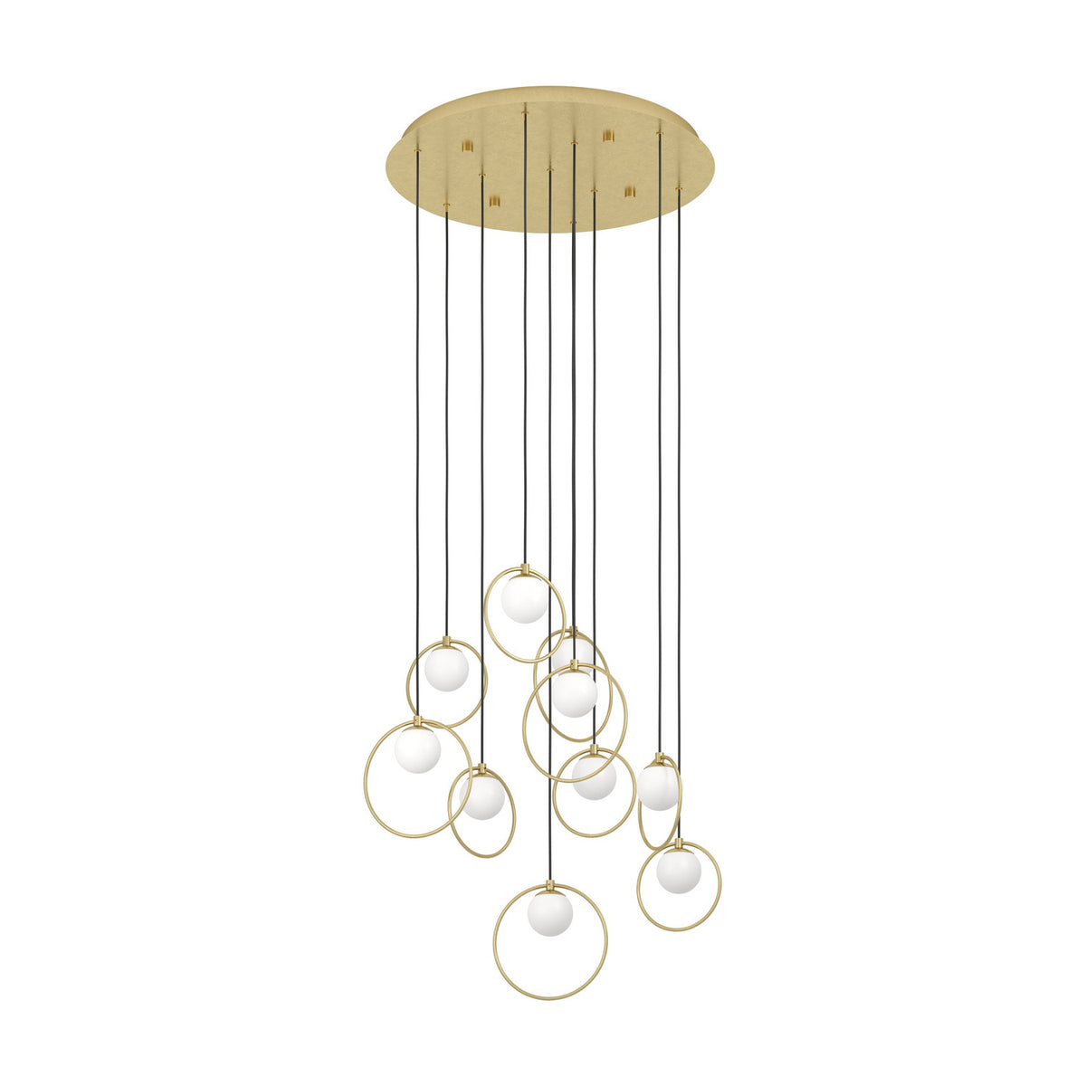 Portocolom 10-light cluster pendant with round brass ceiling plate, black cords, and slim gold rings holding opal glass globes at staggered heights, shown on a plain white background.