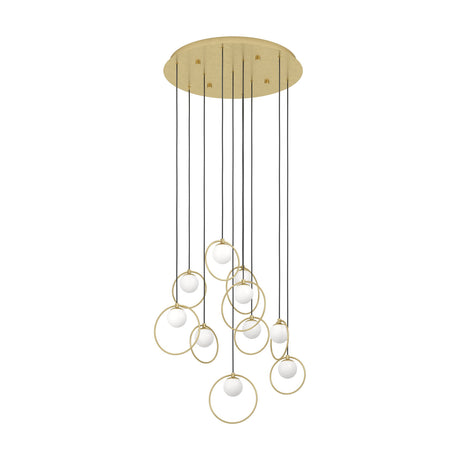 Portocolom 10-light cluster pendant with round brass ceiling plate, black cords, and slim gold rings holding opal glass globes at staggered heights, shown on a plain white background.