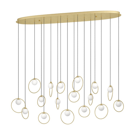 Portocolom 17-light linear pendant with an oval brass and gold ceiling canopy, suspending opal glass globes on black cords within gold rings, shown on a plain white background.