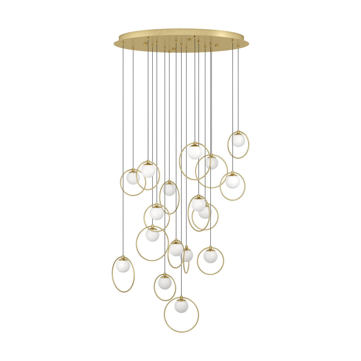 Portocolom Glass 17 Light Pendant in Brass & Gold, with opal glass globes in slim gold rings suspended at varying heights from a round brass canopy, shown on a plain white background.
