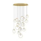 Portocolom Glass 17 Light Pendant in Brass & Gold, with opal glass globes in slim gold rings suspended at varying heights from a round brass canopy, shown on a plain white background.