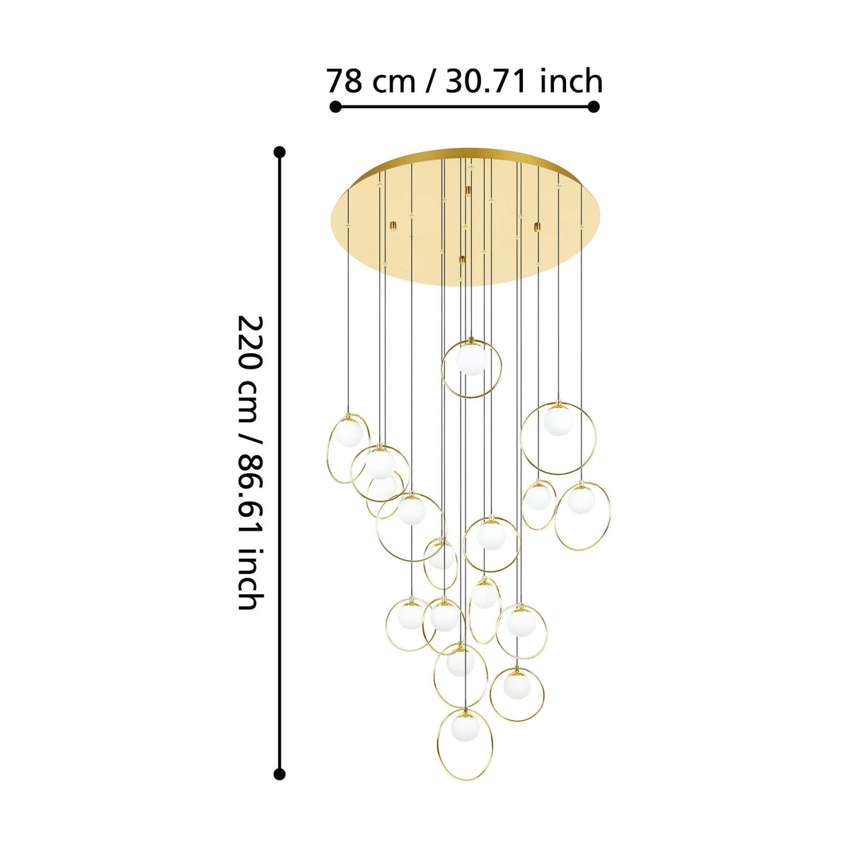 Portocolom Glass 17 Light Pendant in Brass & Gold, round canopy with cascading opal glass globes in slim gold rings at varied heights, 78cm width and 220cm drop.