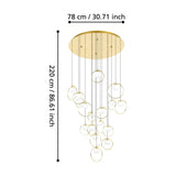 Portocolom Glass 17 Light Pendant in Brass & Gold, round canopy with cascading opal glass globes in slim gold rings at varied heights, 78cm width and 220cm drop.