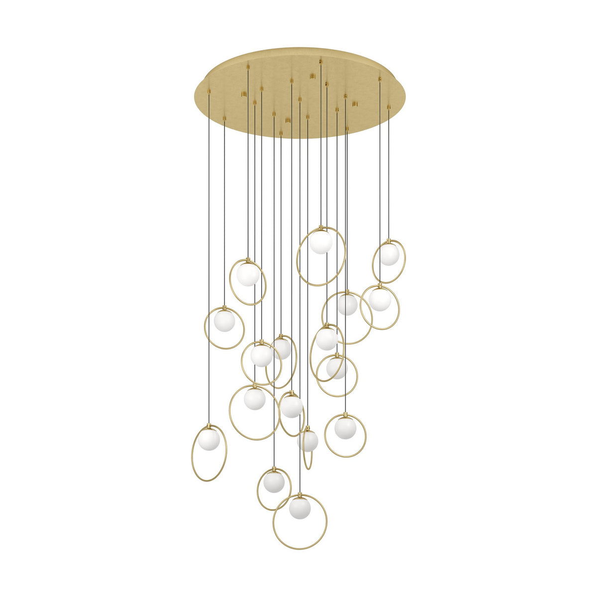 Portocolom Glass 17 Light Pendant in brass and gold, featuring opal glass globes held in slim gold rings at staggered heights from a round brass canopy, shown on a plain white background.