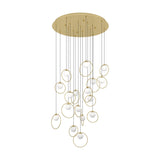 Portocolom Glass 17 Light Pendant in brass and gold, featuring opal glass globes held in slim gold rings at staggered heights from a round brass canopy, shown on a plain white background.