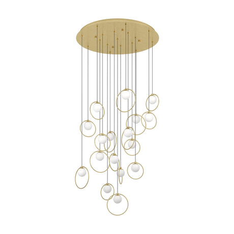 Portocolom Glass 17 Light Pendant in brass and gold, featuring opal glass globes held in slim gold rings at staggered heights from a round brass canopy, shown on a plain white background.