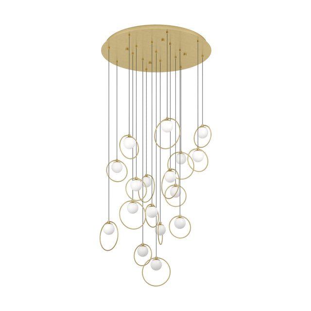 Portocolom Glass 17 Light Pendant in brass and gold, featuring opal glass globes held in slim gold rings at staggered heights from a round brass canopy, shown on a plain white background.