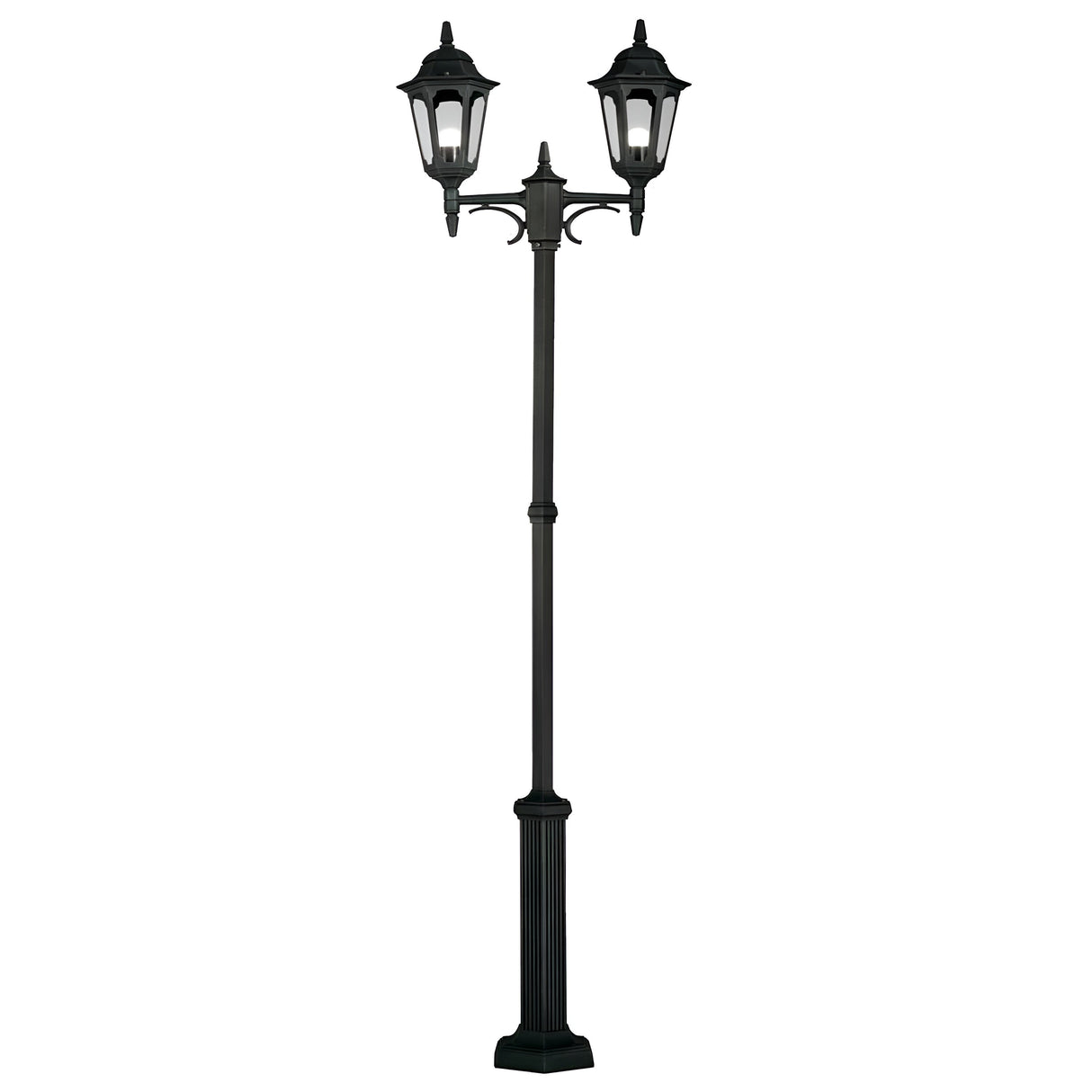 The Parish 2 Light Twin Lamp Post in black is a tall, vintage-style outdoor lighting fixture made from die-cast aluminum. It features two lanterns encased in glass with intricate detailing on both the pole and lanterns, all set against a plain white background.