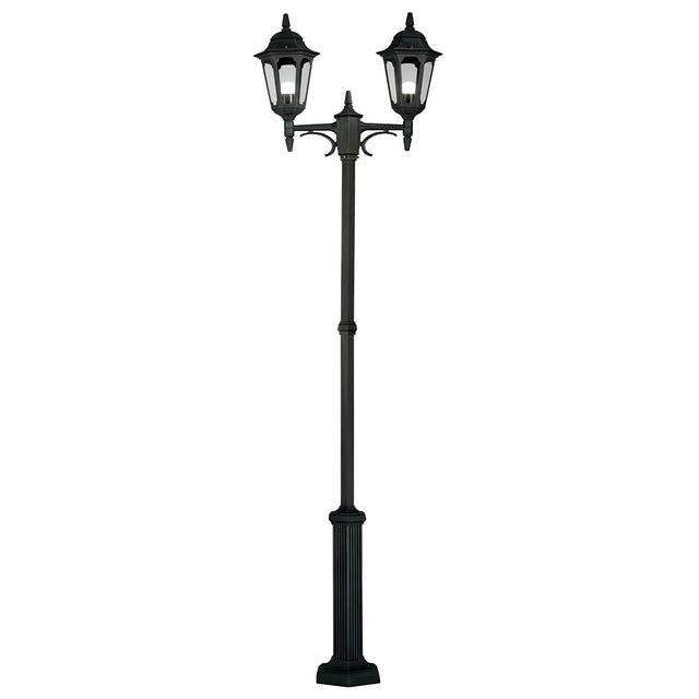 The Parish 2 Light Twin Lamp Post in black is a tall, vintage-style outdoor lighting fixture made from die-cast aluminum. It features two lanterns encased in glass with intricate detailing on both the pole and lanterns, all set against a plain white background.