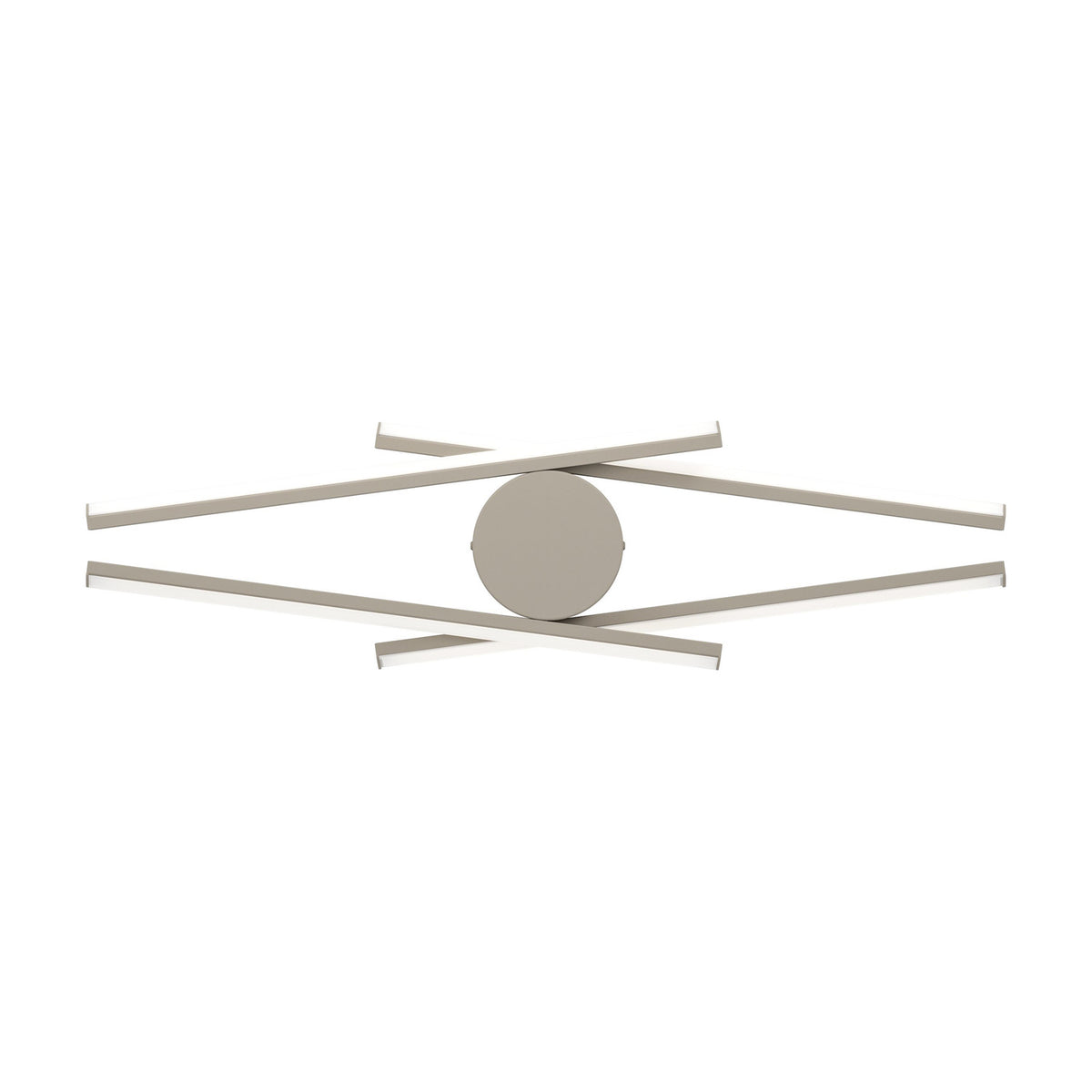 Pradilla LED flush ceiling light in sand, four slim aluminium and steel bars crossing in an X with white plastic diffusers around a round canopy, shown on a plain white background.