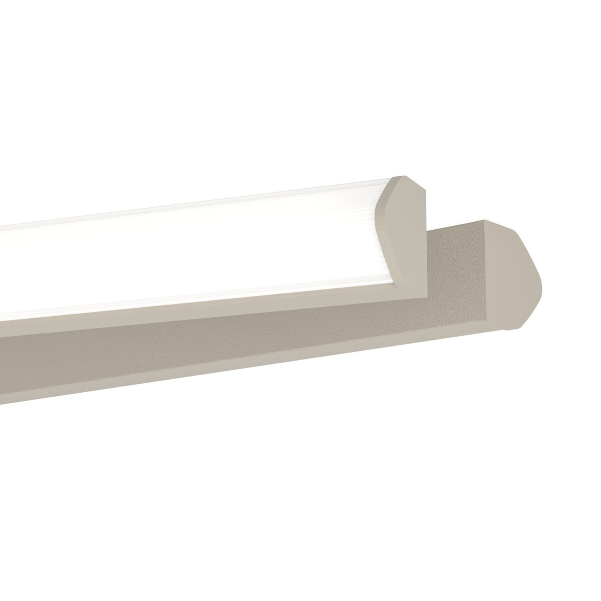 Close-up of the Pradilla LED flush ceiling light in sand, showing a slim angled aluminium and steel bar with a frosted white plastic diffuser, set against a plain white background.