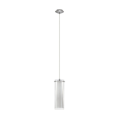 Pralbenne glass pendant light in chrome, with a tapered white opal inner shade inside a clear glass cylinder, hung from a round ceiling canopy on a long cord, shown on a plain white background.