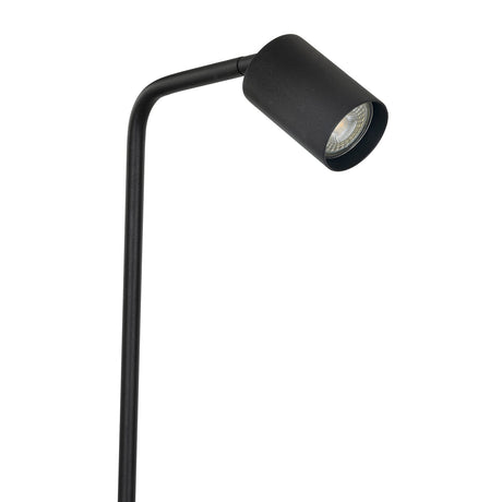 Pralmessa Floor Lamp in black steel, close-up of the bent arm and cylindrical GU10 spotlight head against a plain white background.
