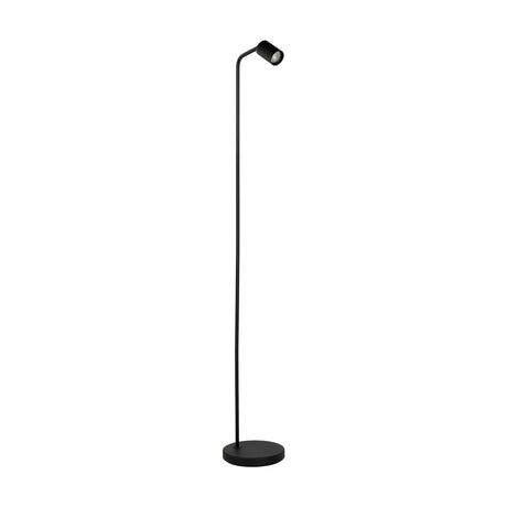 Pralmessa Floor Lamp in black steel, with a slim straight stem on a round base, bending at the top into a cylindrical GU10 spotlight head, shown on a plain white background.