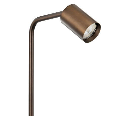 Pralmessa Floor Lamp in bronze steel, close-up of the bent stem and cylindrical spotlight head with GU10 bulb, shown against a plain white background.