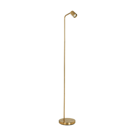 Pralmessa Floor Lamp in brushed brass steel, slim straight stem with angled top arm and cylindrical GU10 spotlight head, round disc base, on a plain white background.