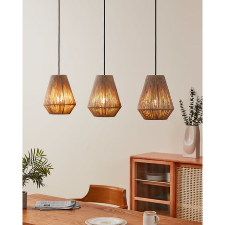 Pranvelle 3-light linear pendant with faceted woven fabric shades in earthy tones on black cord and bar, shown lit above a wooden dining table.