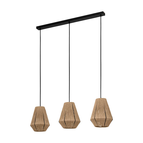 Pranvelle linear pendant light with a black steel ceiling bar and three faceted, natural fabric shades on black cords, shown on a plain white background.