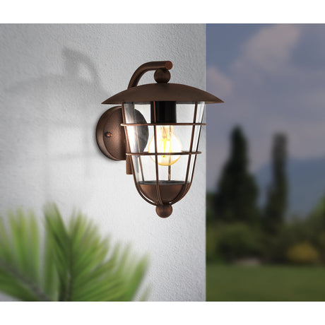 Pranvette outdoor wall light in brown zinc-plated steel, caged lantern design with clear shade and lit E27 bulb, mounted on a textured wall with blurred garden backdrop.