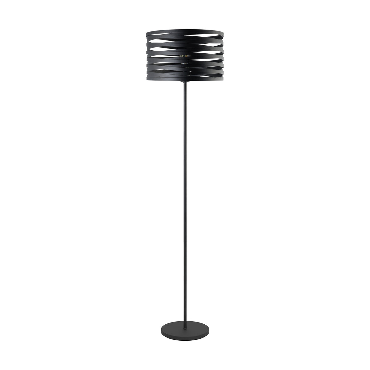 Pranvorne Floor Lamp in black steel with a layered drum shade made of overlapping bands, slim stem, and round base, shown on a plain white background.