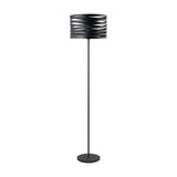 Pranvorne Floor Lamp in black steel with a layered drum shade made of overlapping bands, slim stem, and round base, shown on a plain white background.
