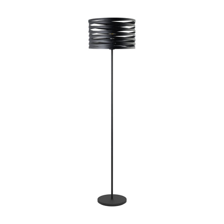 Pranvorne Floor Lamp in black steel with a layered drum shade made of overlapping bands, slim stem, and round base, shown on a plain white background.