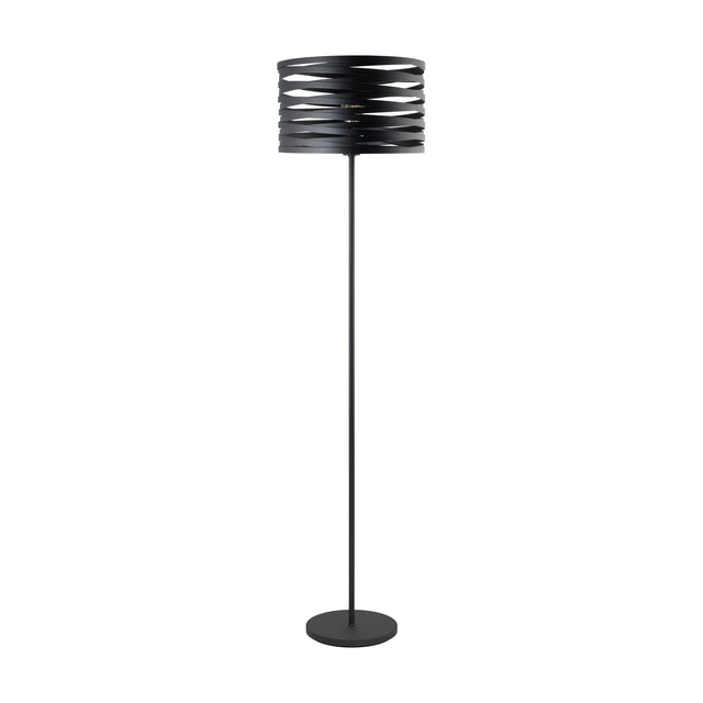 Pranvorne Floor Lamp in black steel with a layered drum shade made of overlapping bands, slim stem, and round base, shown on a plain white background.