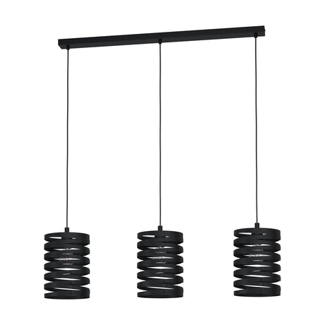 Pranvorne Linear Pendant Light in black, featuring a slim ceiling bar with three spiral steel cylindrical shades hanging at even lengths on a white background.