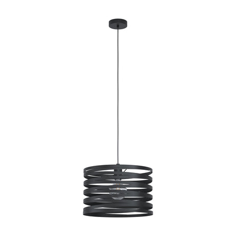 Pranvorne Pendant Light 37cm in black, featuring a drum-shaped steel shade with spiralling open bands, a single E27 bulb holder, slim cord and round ceiling canopy, shown on a plain white background.
