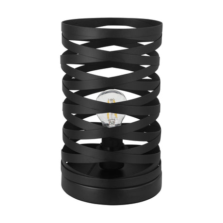 Pranvorne Table Lamp in black steel, a cylindrical criss-crossed band design with open gaps, round base, and visible E27 bulb, shown on a plain white background.