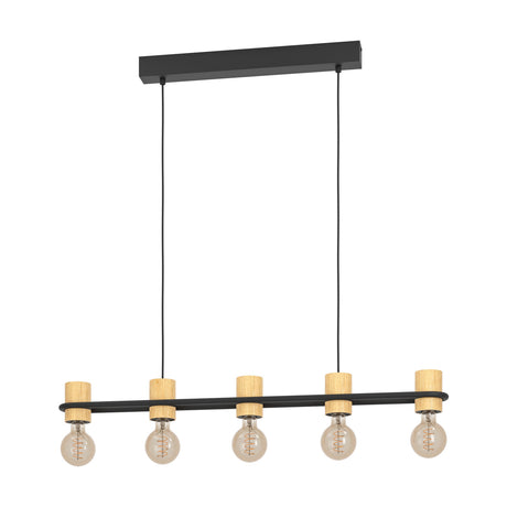 Prasvena Wooden Linear Pendant Light in black steel with five wooden E27 lampholders and exposed bulbs, suspended from slim black cords and a matching ceiling canopy on a white background.