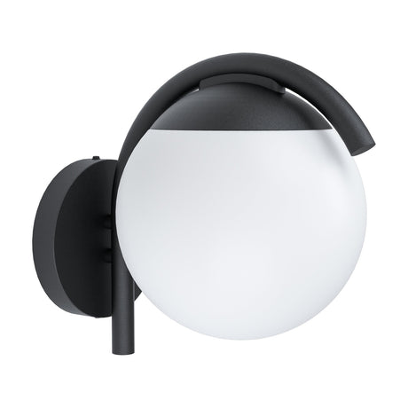 Prata Vecchia outdoor wall light in black, with a round backplate, curved steel arm, and opal white globe shade under a black cap, IP44 rated, shown on a plain white background.