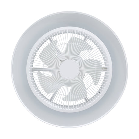 Pravenne ceiling fan with light shown from below, round matt white ABS drum with enclosed blades behind a fine grille and an opal acrylic diffuser ring, on a plain white background.