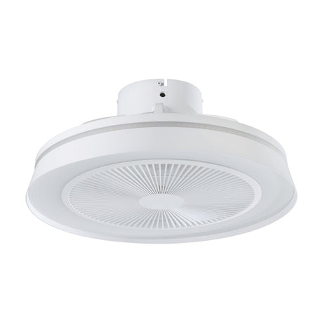 Pravenne ceiling fan with integrated LED light in matt white ABS, low drum design with round grille blades and opal acrylic diffuser ring, shown on a plain white background.
