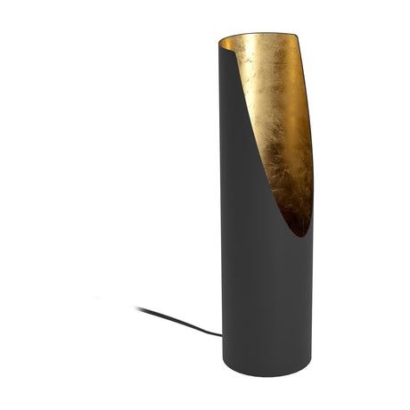 Prebone Table Lamp in black steel with a matt finish, its slanted cylindrical shade opening to a gold leaf-textured inner surface, shown on a plain white background.