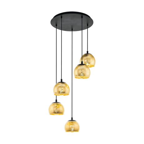 Prelvelle Glass 5 Light Pendant in Black, round ceiling canopy with five crackled gold glass bowl shades at staggered heights, black steel fittings, plain white background.