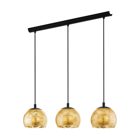 Prelvelle glass linear pendant light with three gold crinkled-glass dome shades hung by black cords from a black steel bar, shown on a plain white background.