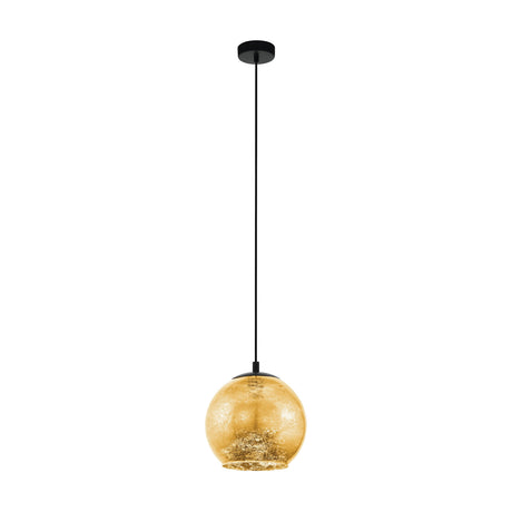 Prelvelle Glass Pendant Light 27cm - a single-light pendant with a round gold-flecked glass globe shade, black ceiling canopy and slim cable, shown on a plain white background.