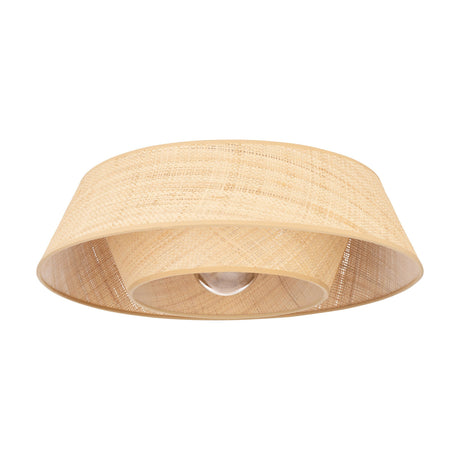 Prenvanne flush ceiling light with tiered woven bast drum shade in natural tan, black steel canopy, E27 fitting visible inside, shown on a plain white background.