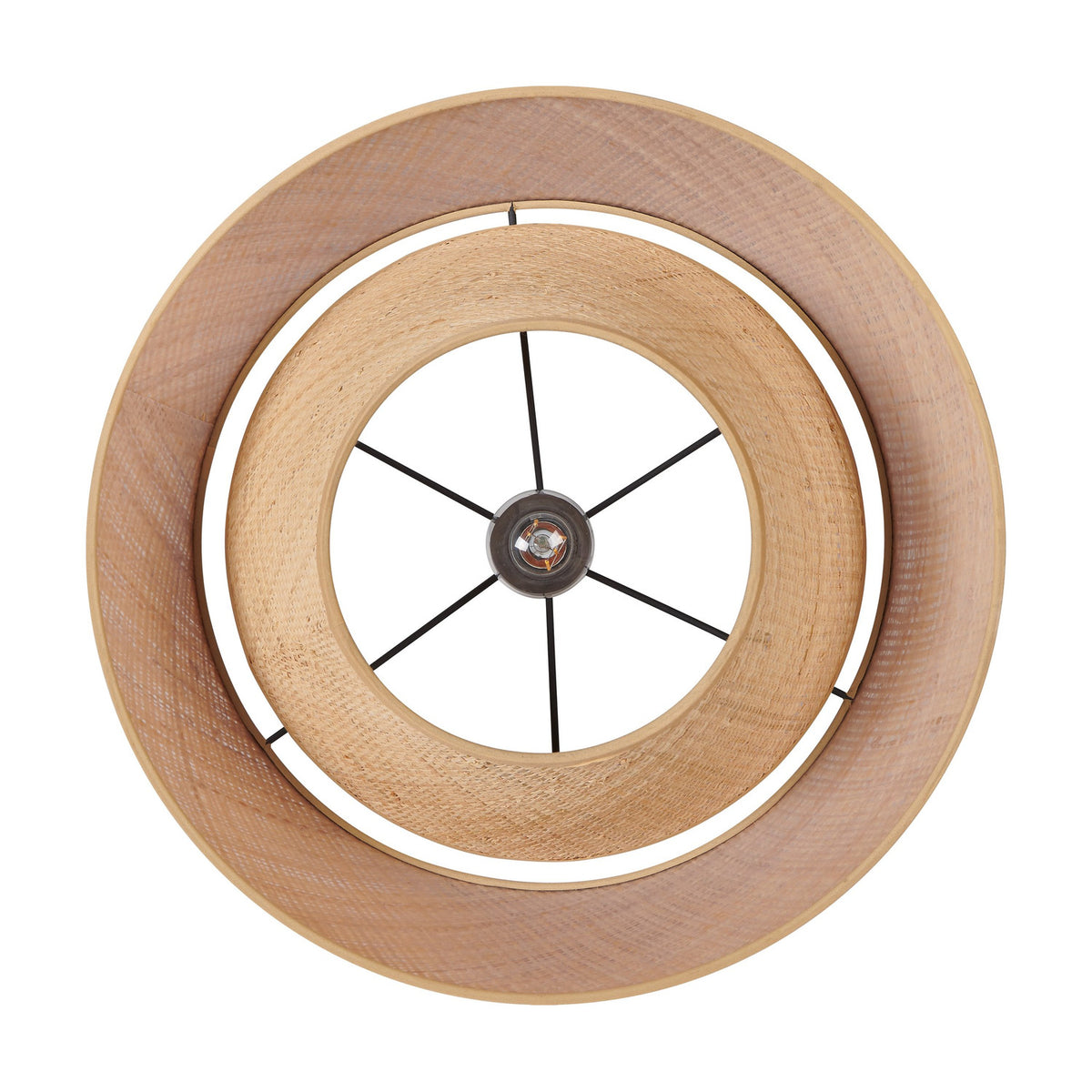 Prenvanne Pendant Light in Black, shown from below with its circular woven bast shade and spoke-like black metal frame revealing the E27 bulb fitting, on a white background.